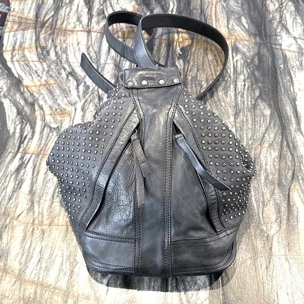 Studded Black Leather Backpack with Gold-Tone Accents - Picture 4 of 12